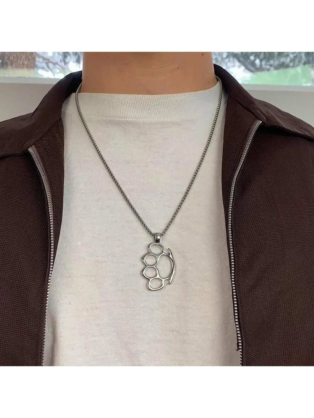 Cyber Grunge y2k Brass Knuckle Stainless Steel Silver Necklace. Chain is